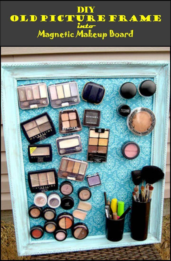 repurposed old picture frame into magnetic makeup board